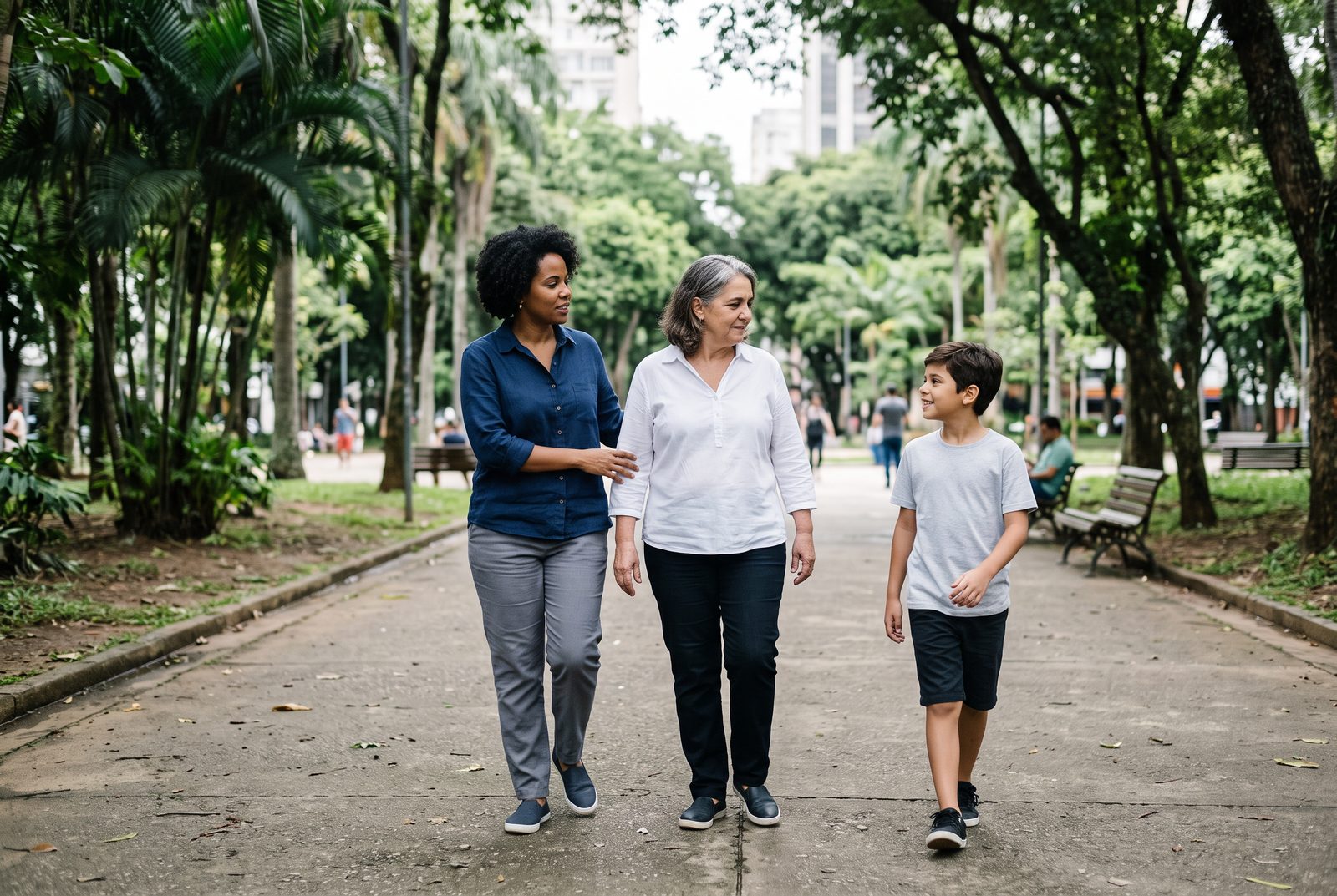 Três gerações de uma família caminhando juntas em um parque